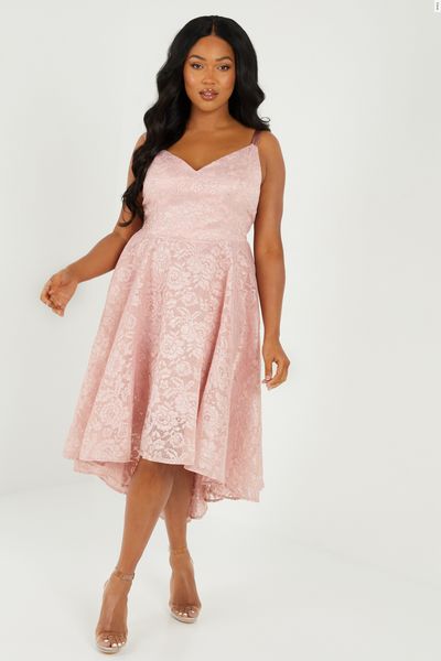 Curve Pink Lace Dip Hem Midi Dress